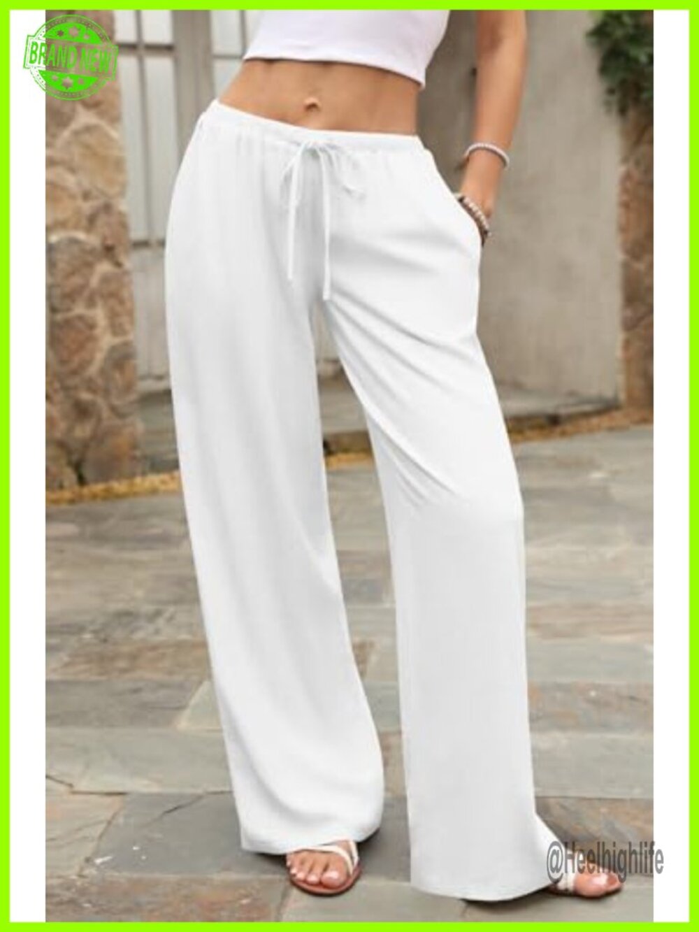 Wide Leg Linen Pants, Cotton-Linen Blend Palazzo Trousers, Low Rise Drawstring - Picture 3 of 6